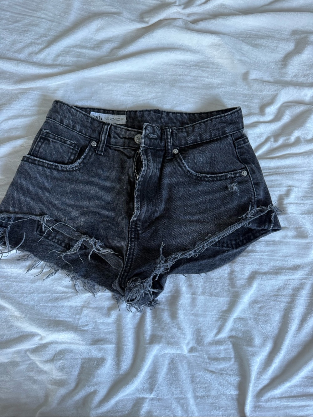 Zara Black Distressed High-Rise Denim Shorts